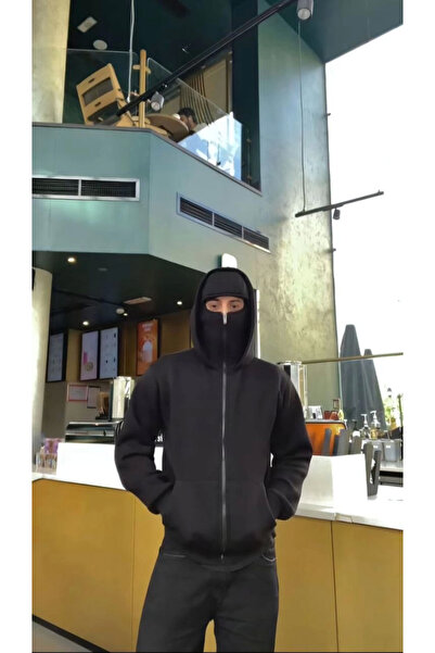 LUMİART    سويت شيرت ساموراي بغطاء للرأس بسحاب - أسود