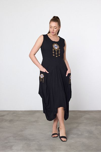 AYASOFYA OTANTIK Women's Black Ethnic Authentic Embroidery Detailed Pocket Viscose Cotton Woven Bohemian Dress