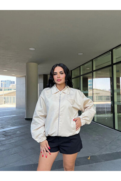 velmorafashion Velmora Zippered Shirt Collar Bomber Jacket - White -