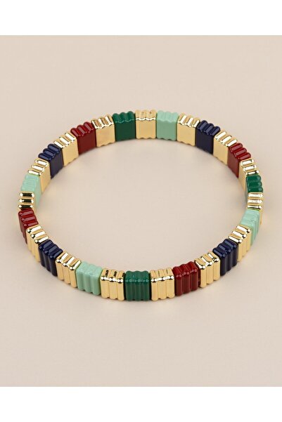 Portakal Esintisi Porcelain Coated Green Gold Brown Serrated Elastic Bracelet