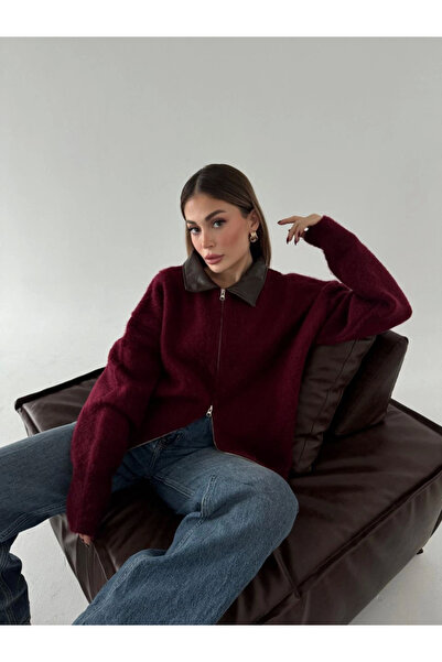 velmorafashion Velmora Leather Collar Cotton Textured Reversible Jacket - Burgundy -