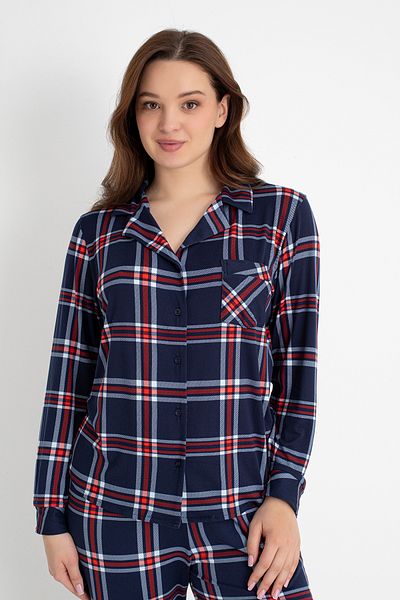DOFİ Women S Plaid Print Navy Blue Button-Down Pajama Set – Modern and Comfortable |   Dofi