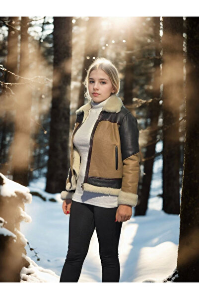 Amara Boutique Long Sleeve Collared Fur Jacket - Brown -