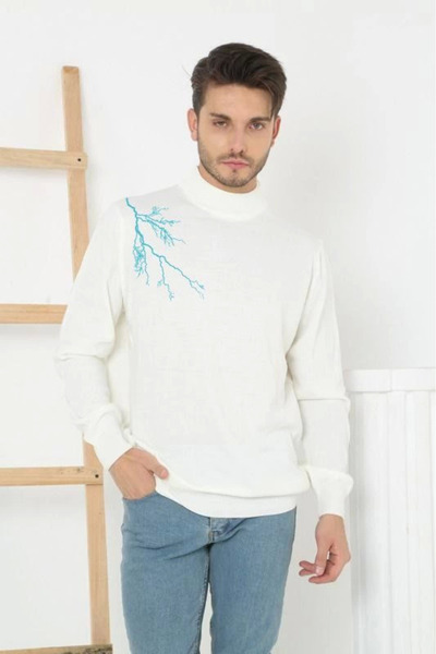FREEDOM STOREE Men's Half-Turtleneck Sweater Printed Woven Knitwear - White