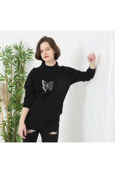 velmorafashion Velmora Crew Neck Printed Knitted Sweater - Black -