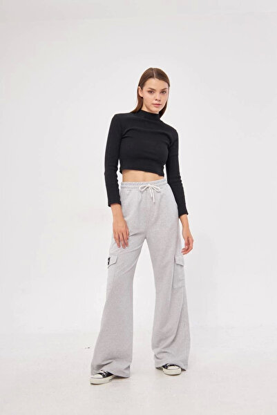 velmorafashion Velmora Cargo Pocket Pack Palazzo Oversized Cut Two-Thread Wide Leg Sweatpants Pantalon - Gray -