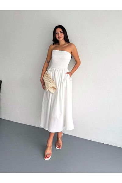 Kadınle    Strapless Pleated Dress - White