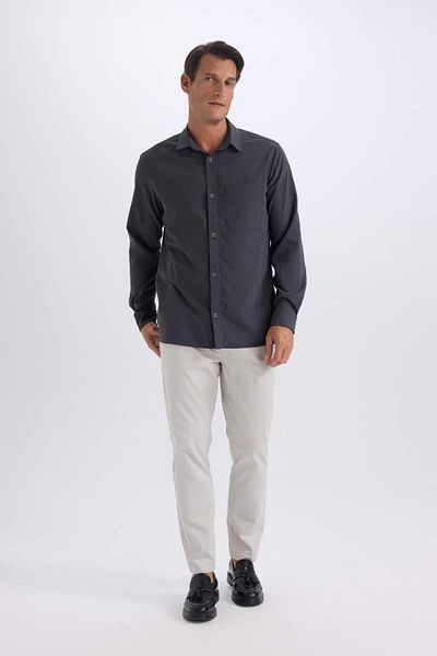 DeFacto New Season Regular Fit Polo Neck Basic Plain Seersucker Long Sleeve Shirt