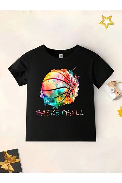 vinraus Tricou negru cu imprimeu cu mingi de baschet pentru fete/băieți