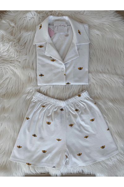 Pijamacs Little Bee Pattern Cotton Short Sleeve Shirt Collar Shorts Pajama Set