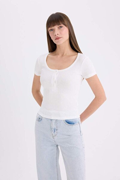 DeFacto Slim Fit Tight-Fitting Round Neck Basic Plain Ribbed Camisole Short Sleeve White T-Shirt E5781Ax25Sp