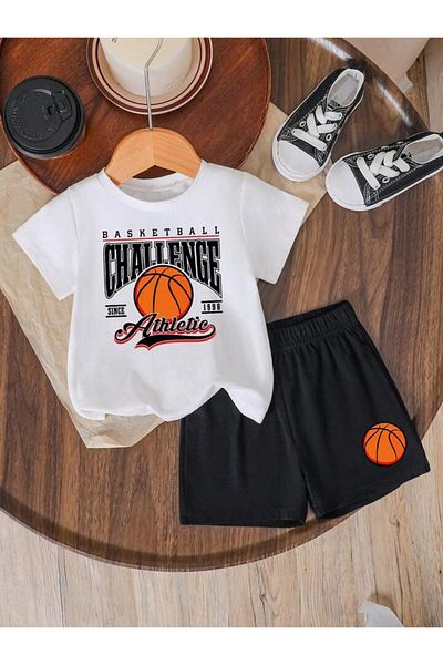 vinraus Boy's White-Black Challenge Basketball Ball Printed Shorts-Tshirt Set