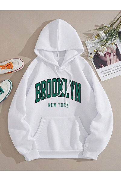 TARCENMODA سويت شيرت بقلنسوة كبير الحجم للجنسين مطبوع عليه بروكلين باللون الأبيض