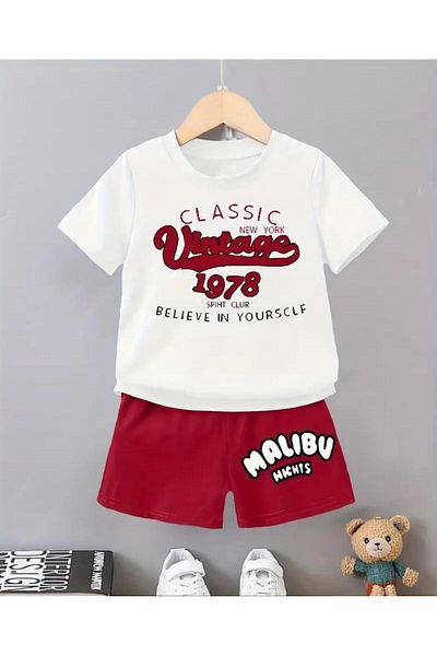 vinraus Girl\Boy White-Red Vintage Printed Shorts-Tshirt Set