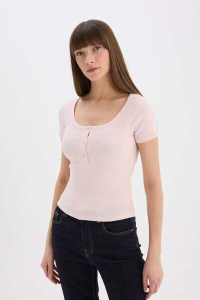 DeFacto Slim Fit Slim Fit Round Neck Basic Plain Ribbed Camisole Short Sleeve T-Shirt E5781Ax25Sp