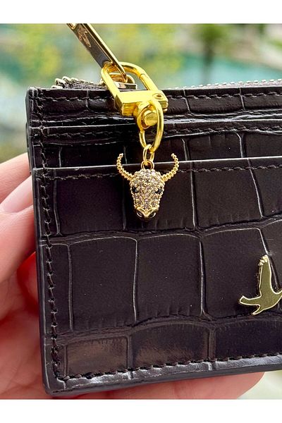 PEONY - peonyofficiall Clip-On Bull Gold Plated Zircon Stone Detailed Wallet Ornament Charm Bag Ornament Keychain