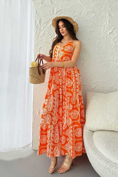 AYASOFYA OTANTIK Women's Orange Ethnic Paisley Print Long Dress with Straps