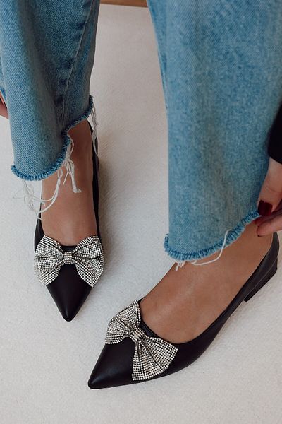 POLKA STORE Bow Sparkling Silver Stone Bow Detailed Matte Leather Pointed Toe Short Block Heeled Women's Shoes