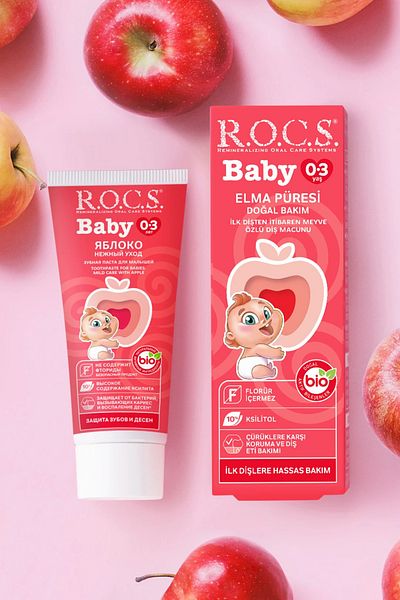 R.O.C.S. معجون أسنان للأطفال من عمر 0 ​​إلى 3 سنوات بطعم هريس التفاح خالي من الفلورايد، 45 جم
