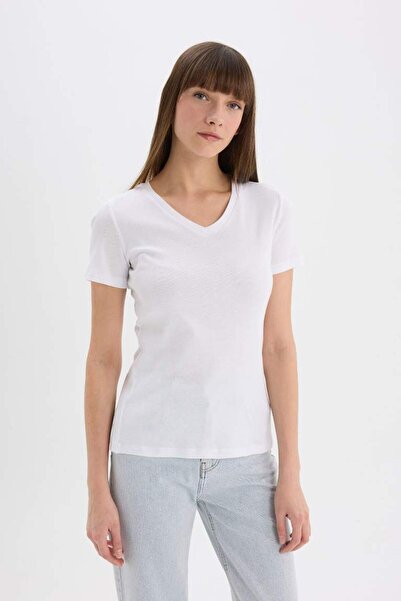 DeFacto Slim Fit Slim Fit V-Neck Rib Basic Plain Short Sleeve White T-Shirt I1080Az25Sp