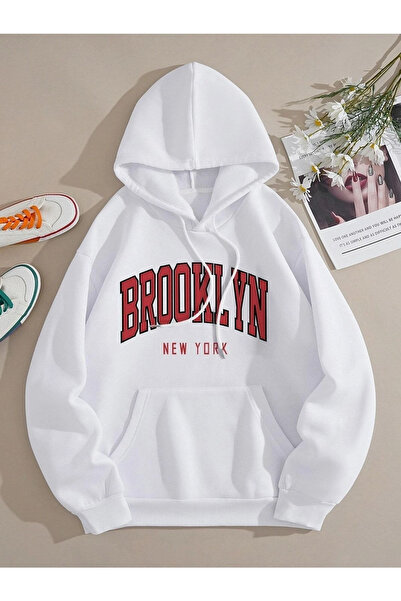 TARCENMODA سويت شيرت بقلنسوة كبير الحجم للجنسين مطبوع عليه بروكلين باللون الأبيض
