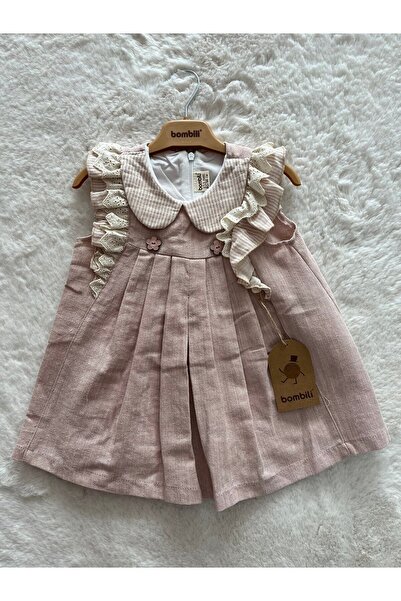 Bombili Kolları Fırfırlı Düğmeli Elbise