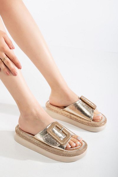 Dilimler Ayakkabı Women's Stone Gold Sole Heel Slippers - Detail Friends