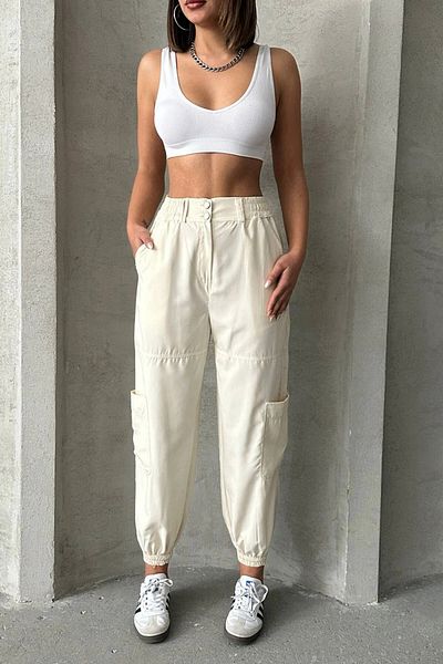 bacc Women's Beige Parachute Fabric Cargo Jogger Pants with Pockets Bchn- 2525338