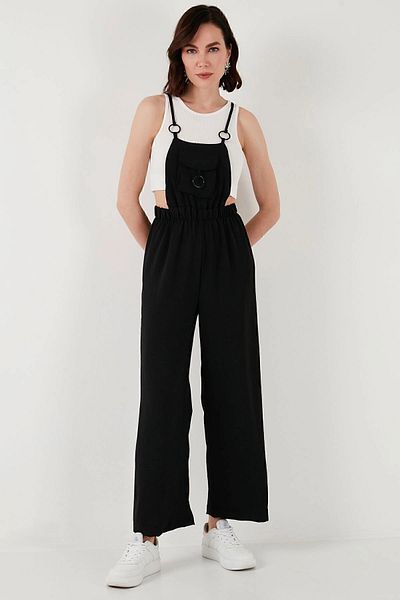 bacc Women's Black Strap Linen Blended on Pocket, Ring and Textiles Bcir- 251004   Overalls