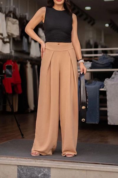 bacc Women's Beige Double Pleated Aerobin Woven Palazzo Trousers Bcır- 251003