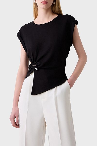 BSB Stretch Relaxed Fit Ασύμμετρη κοπή Αξεσουάρ Λεπτομερής μπλούζα με λαιμόκοψη ΜΠΛΟΥΖΑ 053