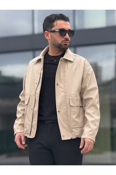 MİS MODA Men's Spring Leather Jacket with Pocket Details