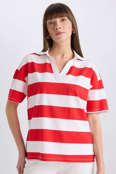 DeFacto Tricou polo cu mânecă scurtă din bumbac pieptănat cu dungi Relax Fit sezon nou