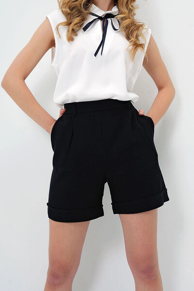 bacc Dámské černé letní plátěné tkané šortky se skrytým zipem se dvěma nohavicemi Bcır-251002