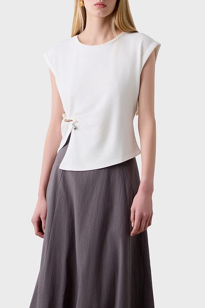 BSB Stretch Relaxed Fit Ασύμμετρη κοπή Αξεσουάρ Λεπτομερής μπλούζα με λαιμόκοψη ΜΠΛΟΥΖΑ 053