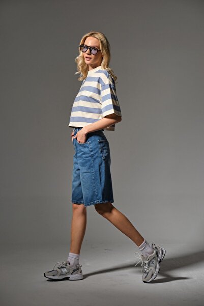 Maule Toka Detaylı Bol Kesim Rahat Baggy Jean Kot Salaş Kadın Bermuda Diz Altı Denim Şort @casoria