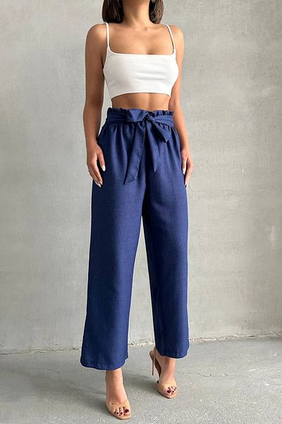 bacc Women's Navy Blue Belted Linen Woven Trousers Bchn- 2525329