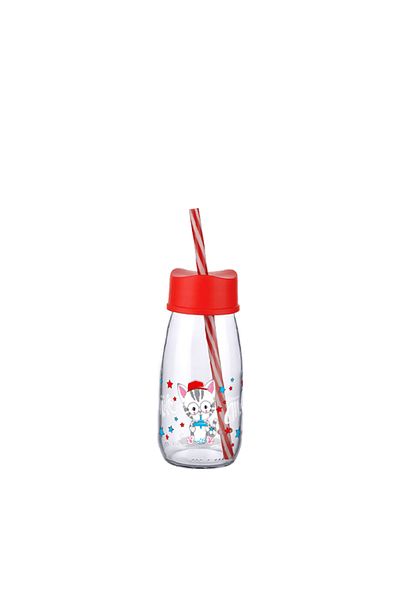 Skygo 250 ML Red Water and Milk Bottle - Glass with Straw