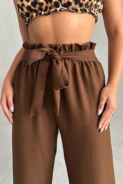 bacc Women's Brown Belted Linen Woven Trousers Bchn- 2525329