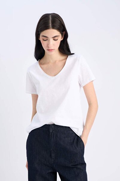 DeFacto Regular Fit V-Neck Basic Plain Short Sleeve White T-Shirt K1507Az25Sm