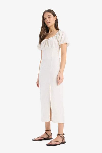 DeFacto New Season A-Line V-Neck Linen Blended Slit Short Sleeve Midi Dress