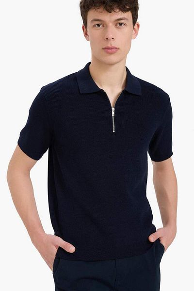 DeFacto New Season 100% Cotton Standard Fit Πλεκτό μπλουζάκι πόλο με κοντό μανίκι με μισό φερμουάρ
