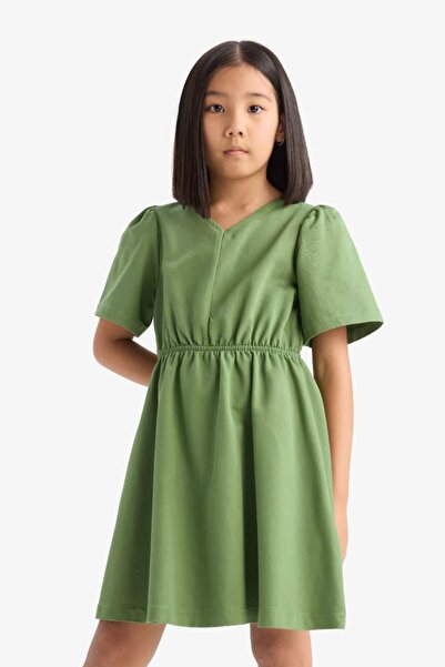 DeFacto Kız Çocuk Standart Fit V Yaka Gabardin Kısa Kollu Elbise E2645A825SM