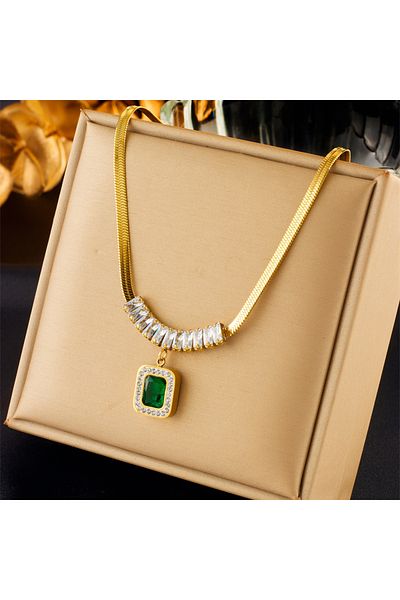 Choice N2085 DIEYURO 316L Stainless Steel Luxury Non-fading Square Green Crystal Zircon Pendant Necklace Ea