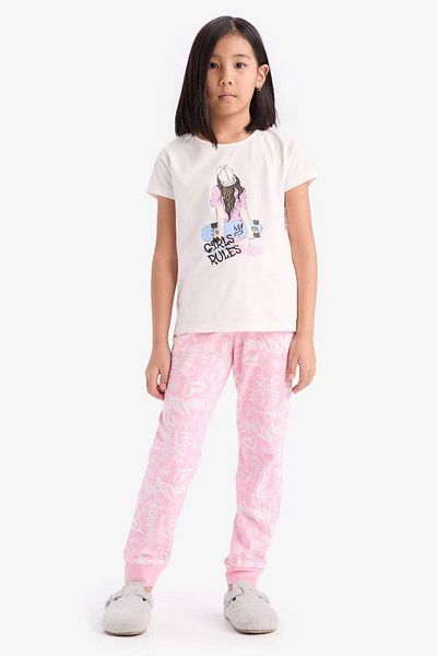 DeFacto Girl's Pajama Set Crew Neck Printed Short Sleeve Top Long Bottom