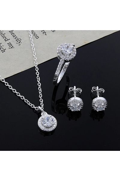 Choice Silver 4pcs Jewelry Set Necklace Ring Earrings Female Models Light Luxury Style Brass With Zirconia