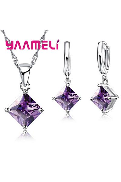 Choice Purple New Fashion Women Pendants Necklace Simple Geometry Square Earrings Crystal 925 Sterling Silv