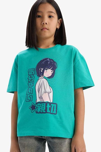 DeFacto New Season Girl's Oversize Wide Fit Crew Neck Printed Short Sleeve T-Shirt