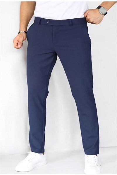 Aldiva Men's Navy Blue Color Italian Cut Quality Stretchy Lycra Ankle Length Fabric Pants