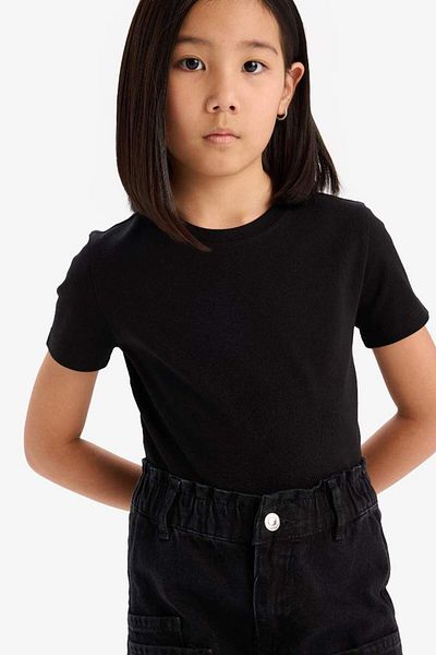 DeFacto New Season Girl's Slim Fit Slim Fit Crew Neck Ribbed Basic Plain Short Sleeve